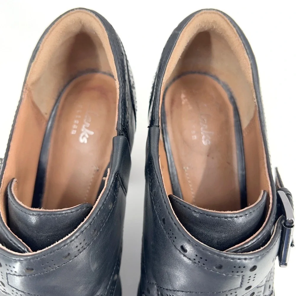 Clarks Artisan Womens Wingtip Brogue Monk Strap Heeled Black‎ Leather Booties  8